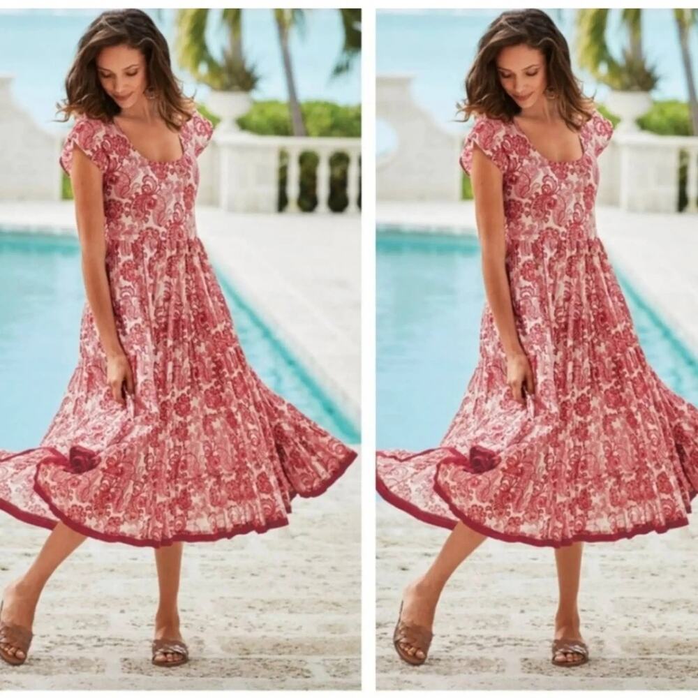 Soft Surroundings Paisley Tiered Maxi Dress Red White Boho Womens Size L A011161